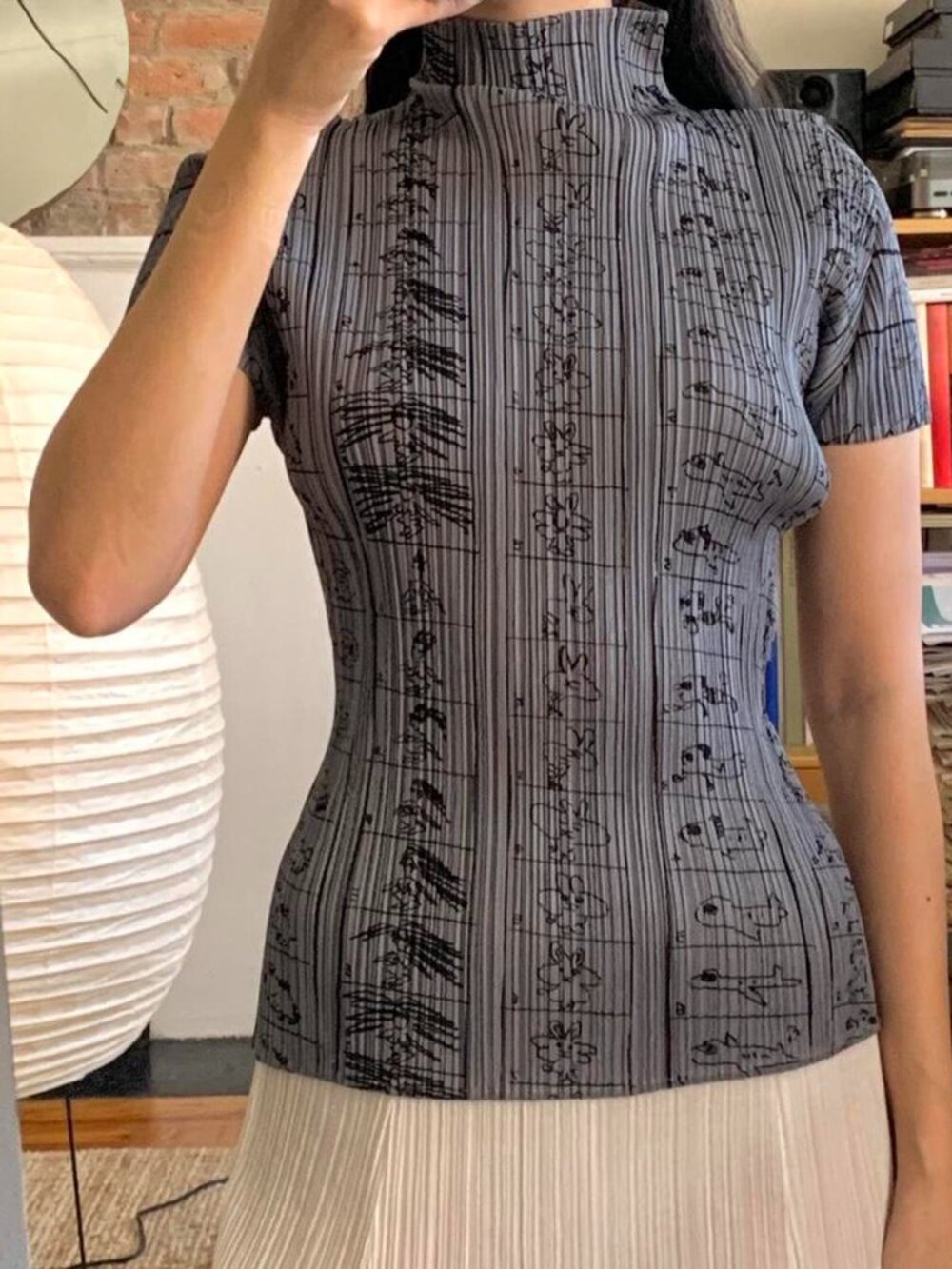 Issey Miyake Pleats Please Cartoon Mockneck Short Sleeved Top Grey JP4